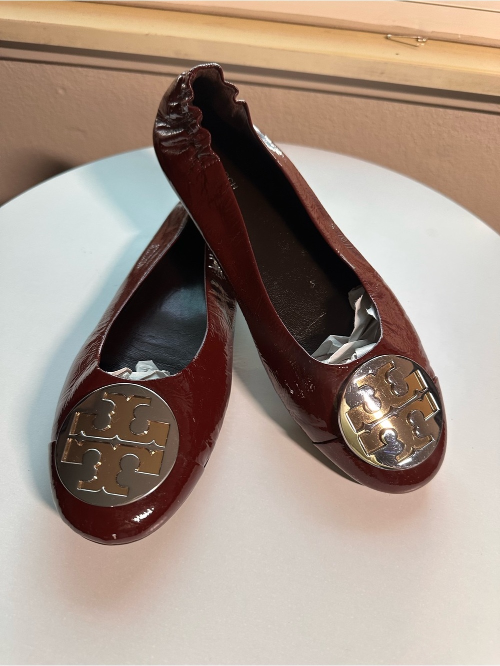 Tory Burch Burgundy Patent Leather Logo Ballet Flats
